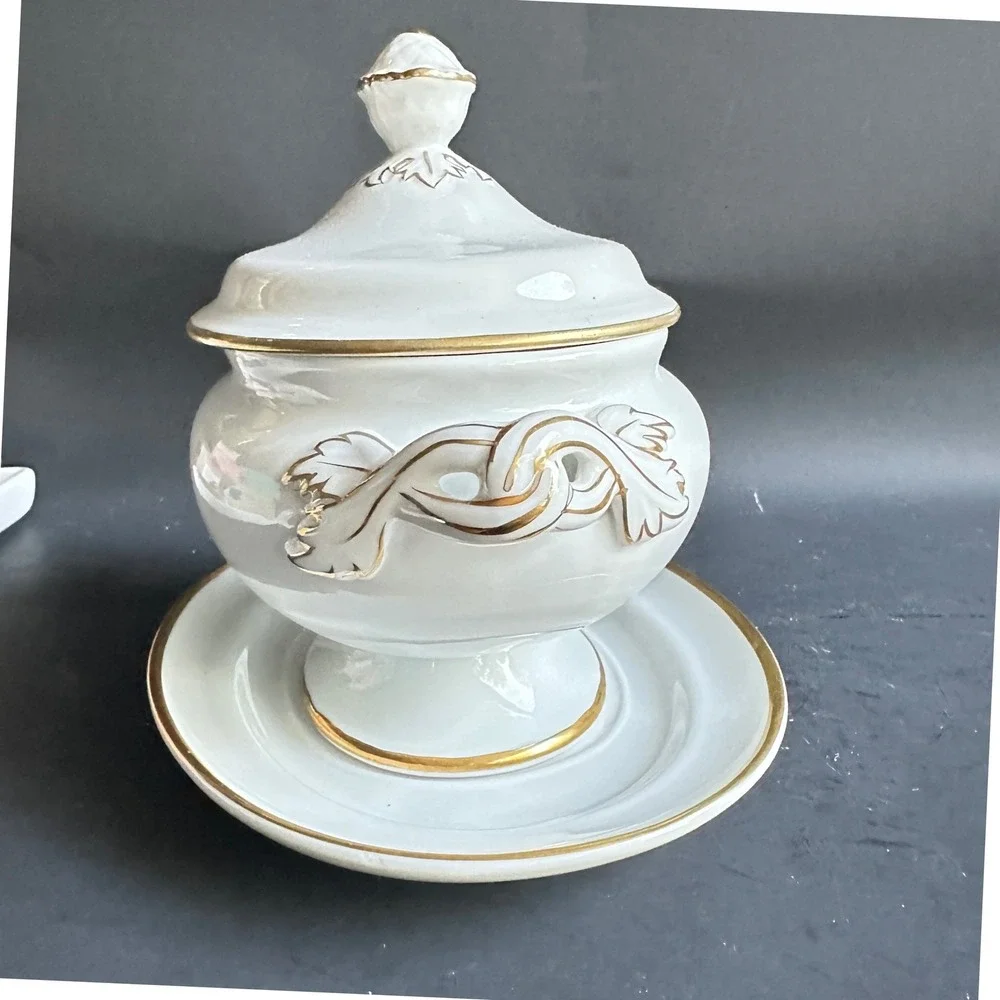 Vintage Porcelain Sauce Tureen Lid Underplate White Gold Trim 3pc Cottagecore
